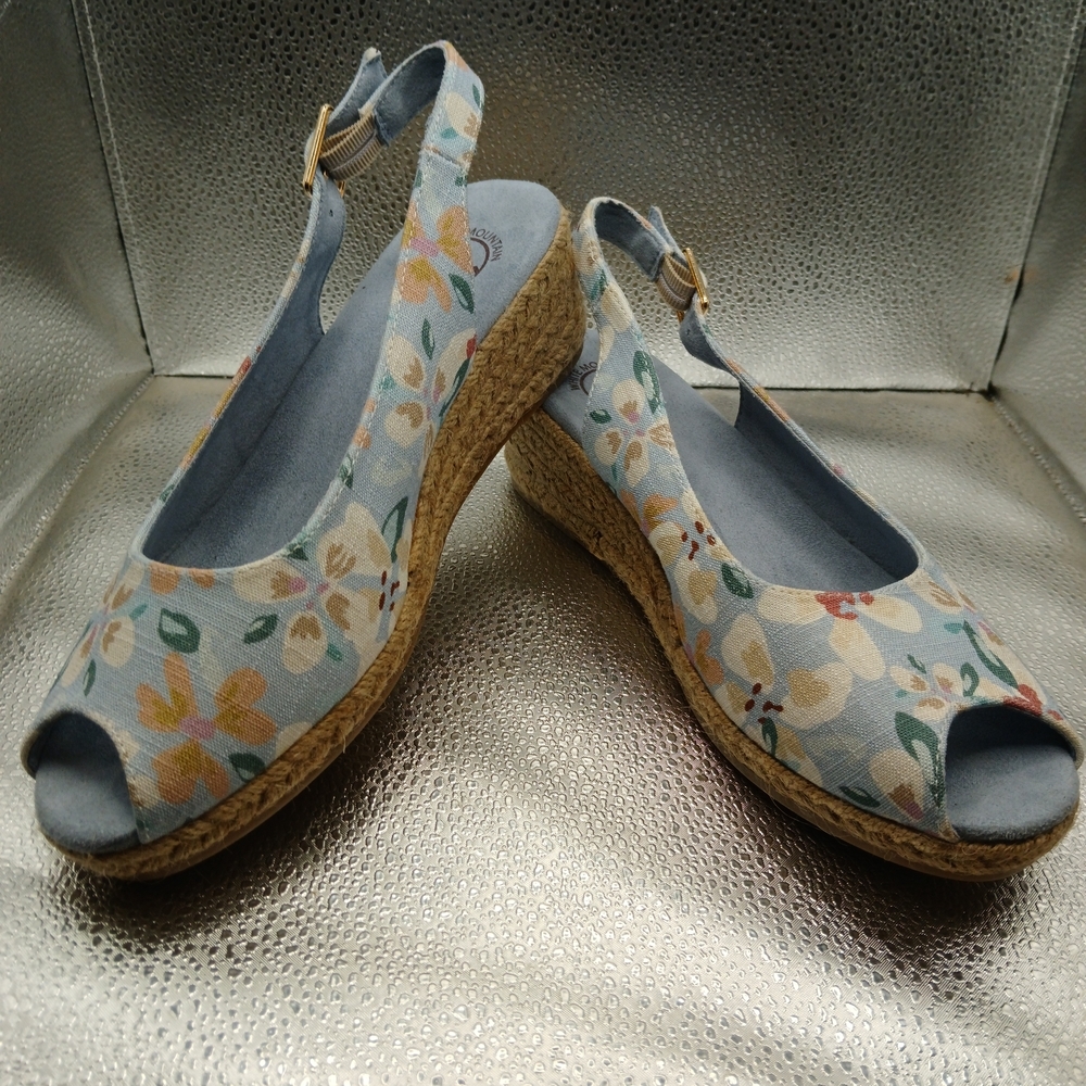 White Mountain Blue Floral Espadrille Wedges Slingback Peeptoes Women's Size 8